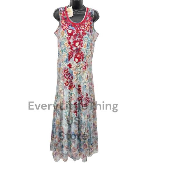 Johnny Was Biya Maxi Dress S Embroidered Mesh Floral Sheer Sleeveless Slip Mazzy - Picture 3 of 12